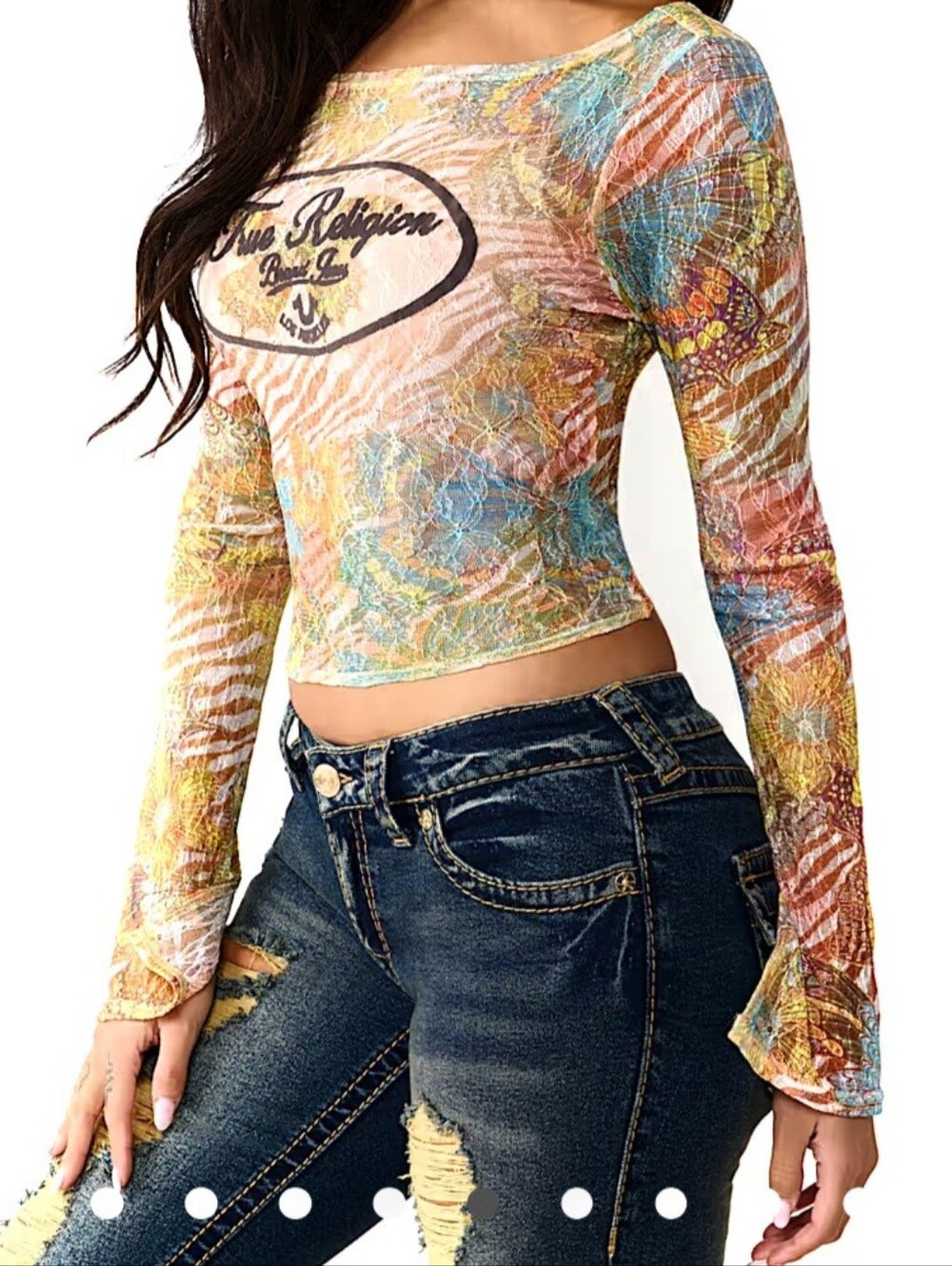 New True Religion Butterfly Logo Allover Print Lace Long Sleeve Top Size SM